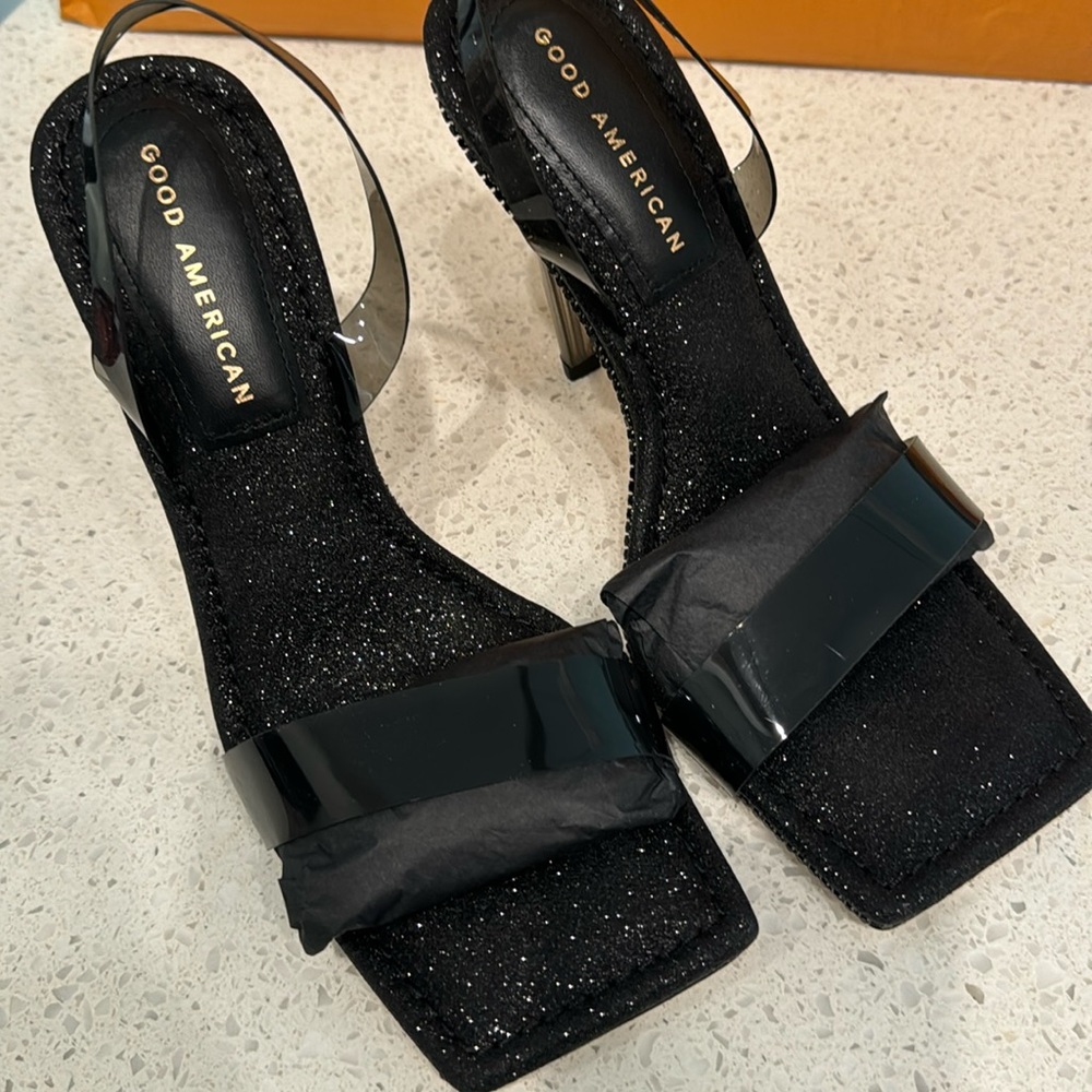 Good American Black PVC Sandal Glitter 8.5